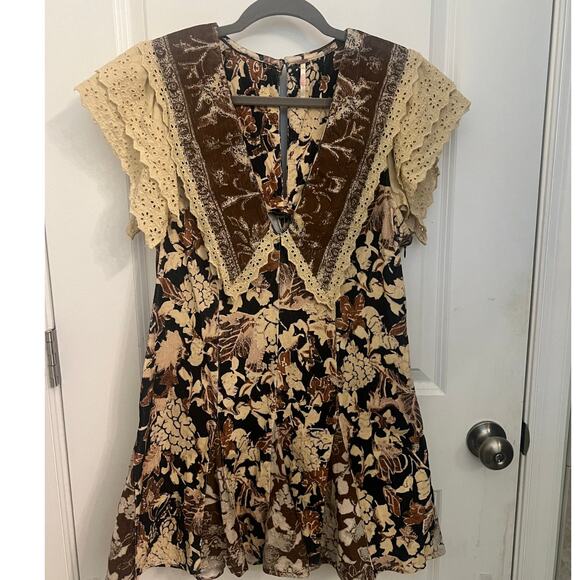 Free People Bali Antoinette Corduroy Mini Dress M Peter Pan Collar Boho Chic - Picture 4 of 14